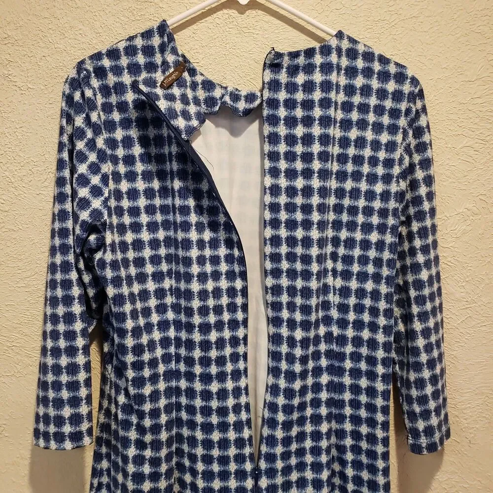 J. McLaughlin blue white zip long sleeve sheath dress size Large